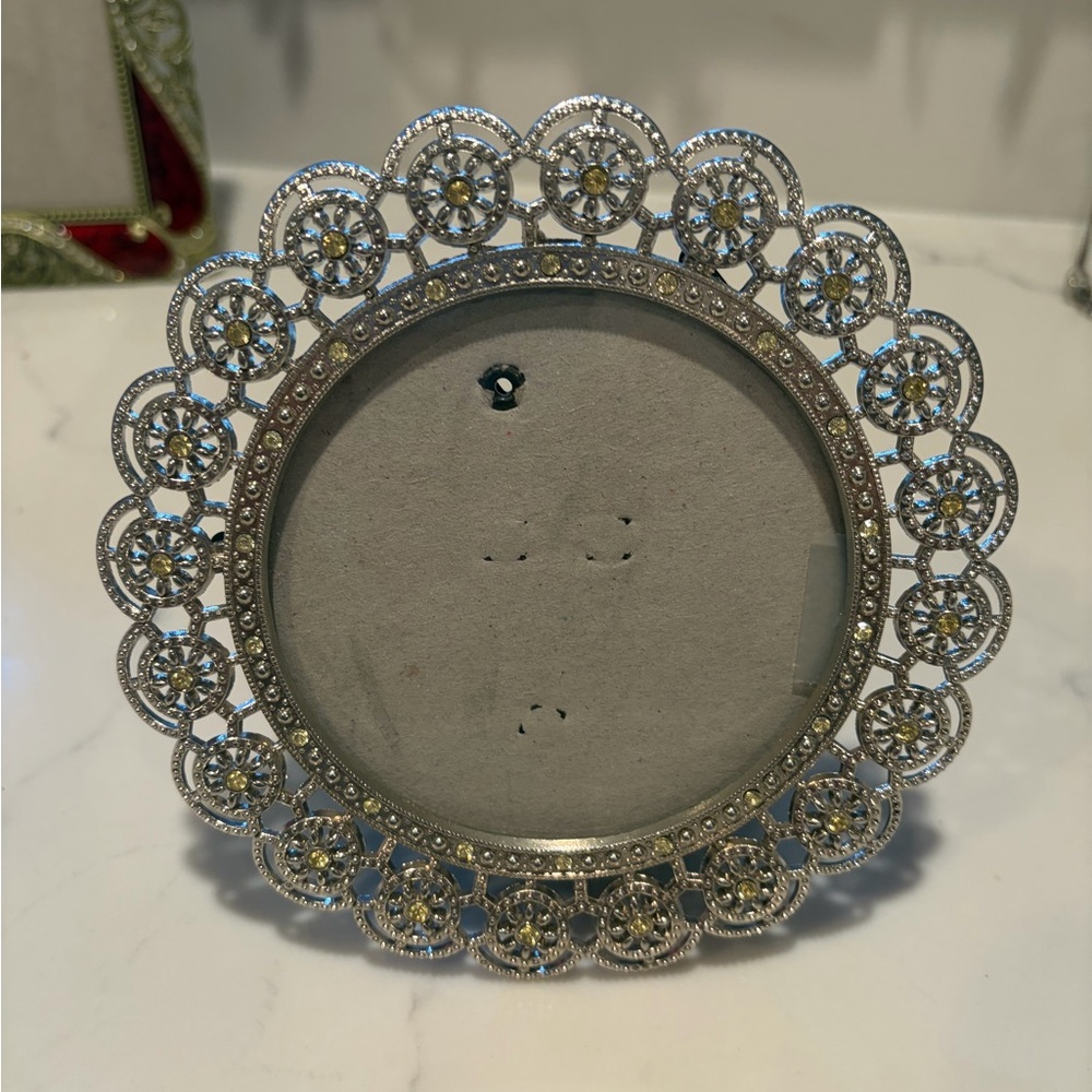 Decorative Silver Floral Round Picture Frame with Crystal Accents